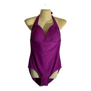 Maui Sun One Piece Swim Suit Women's Size Large Purple Tie Neck Padded